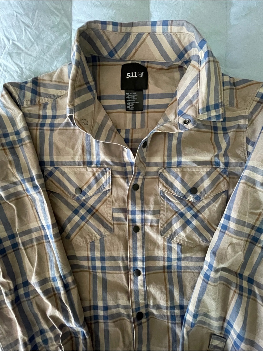 5.11 Tactical Tan and Blue Plaid Lightweight Shirt Jacket